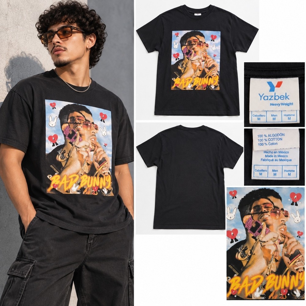 Bad Bunny Graphic T Shirt Men's M Black Yazbek Heavy Weight Cotton Streetwear